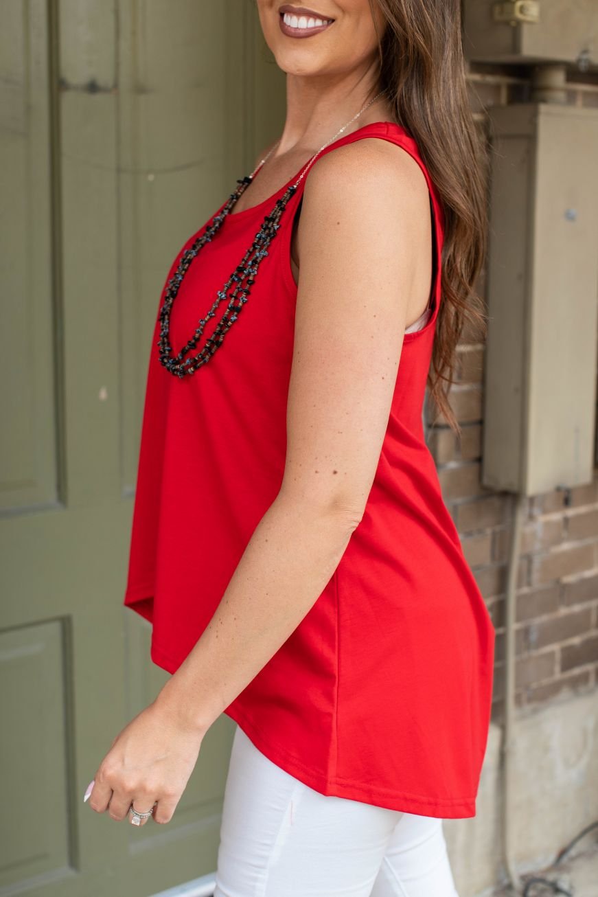 ESSENTIAL RED SLEEVELESS HI-LOW HEM RELAXED FIT TANK TOP