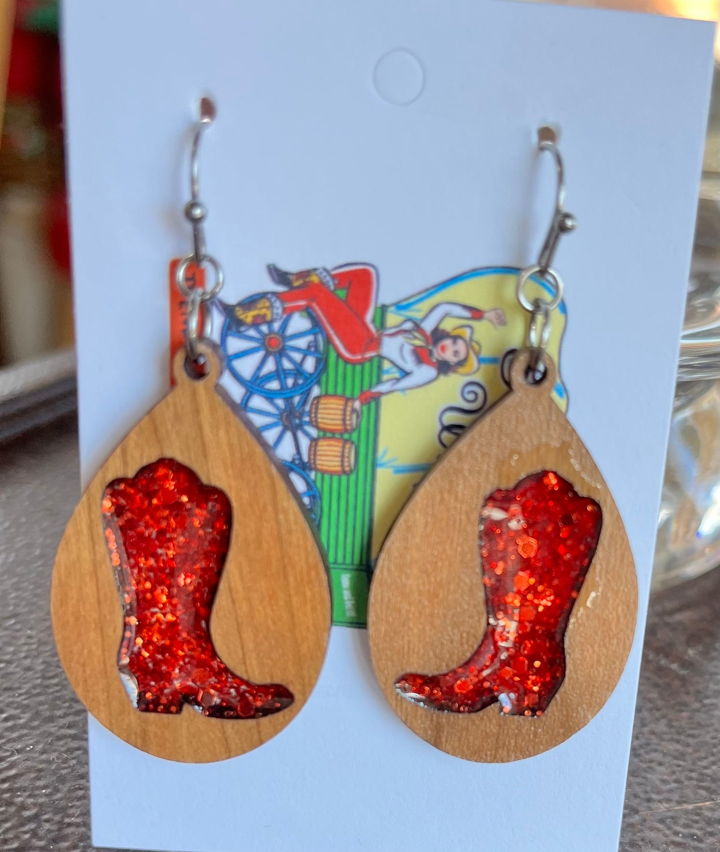 Wooden teardrops with red glitter boots resin earrings