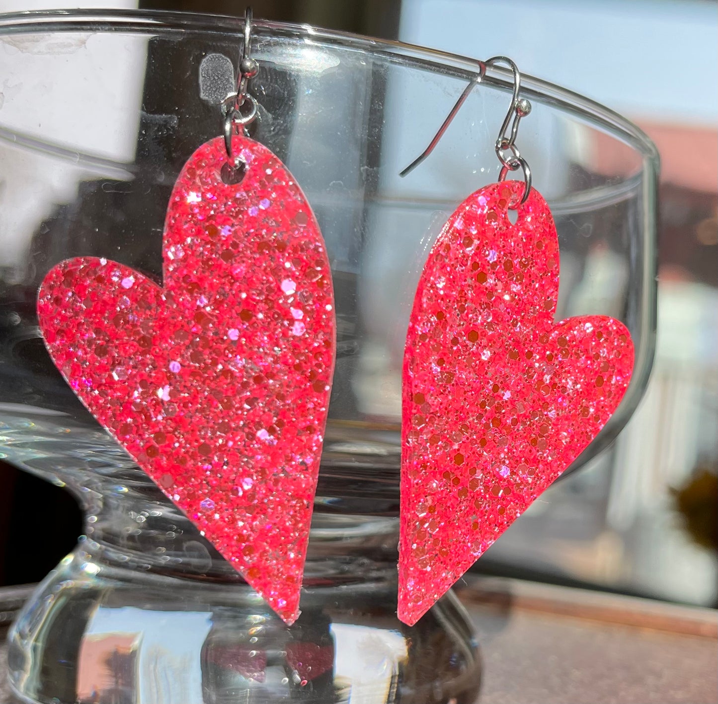 Slanted heart glitter resin earrings