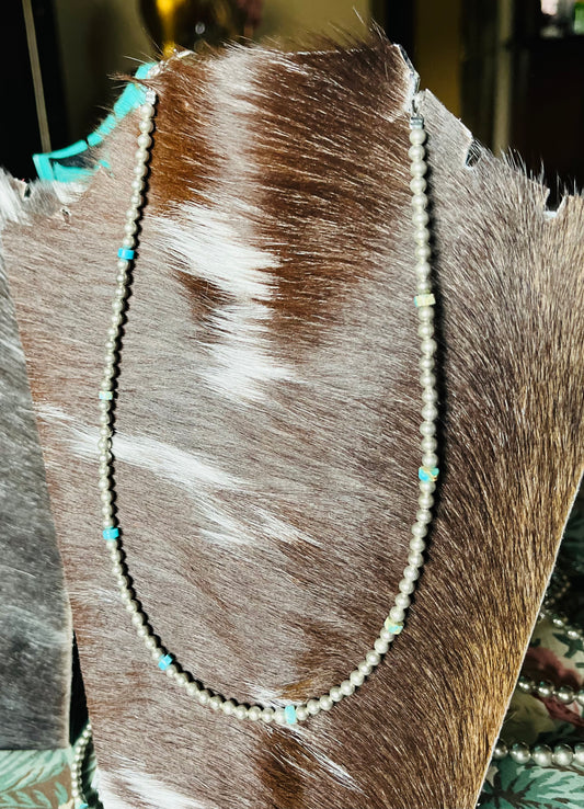 Real turquoise and silver plated pearl necklace