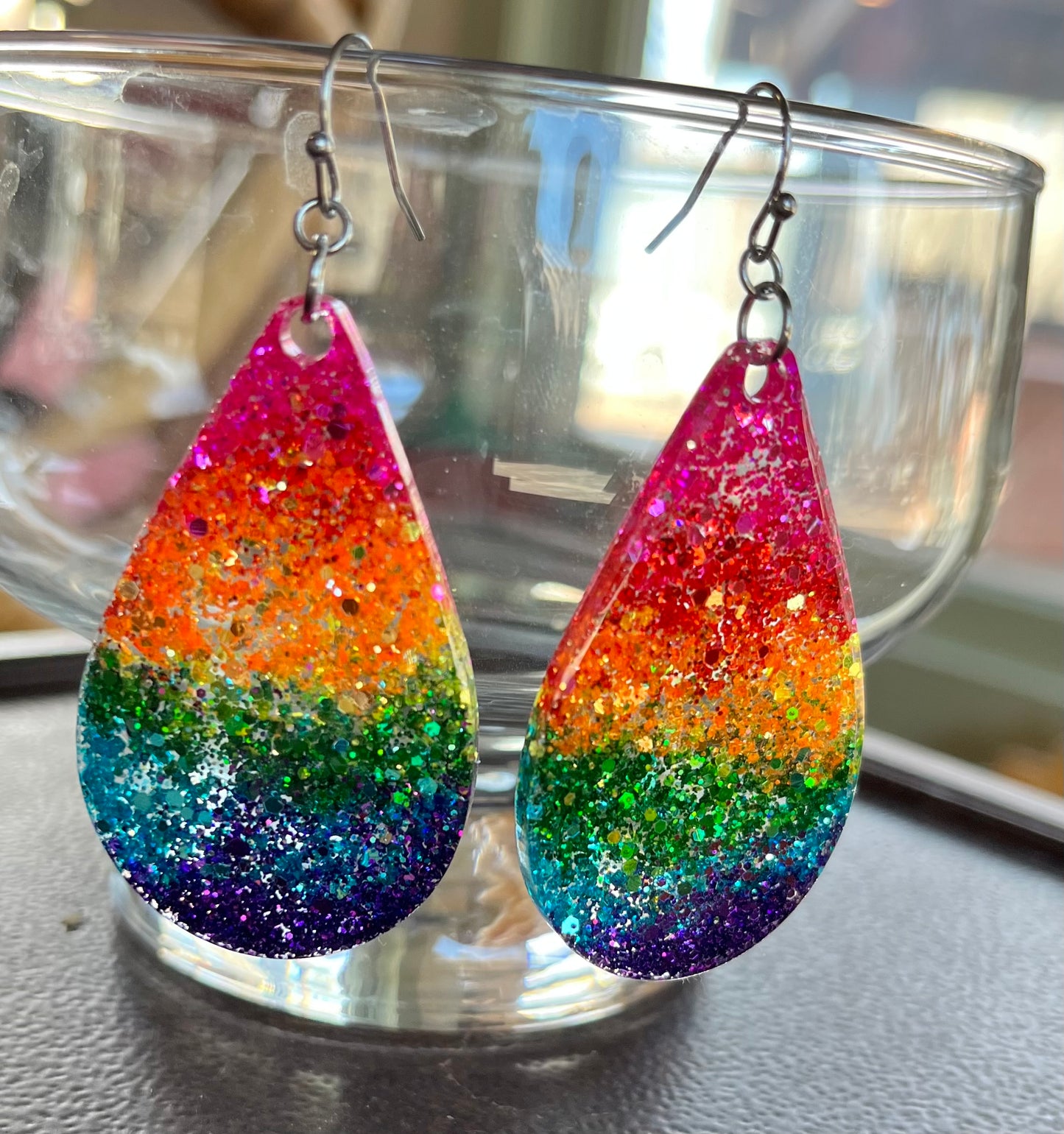 Teardrop Rainbow glitter resin earrings