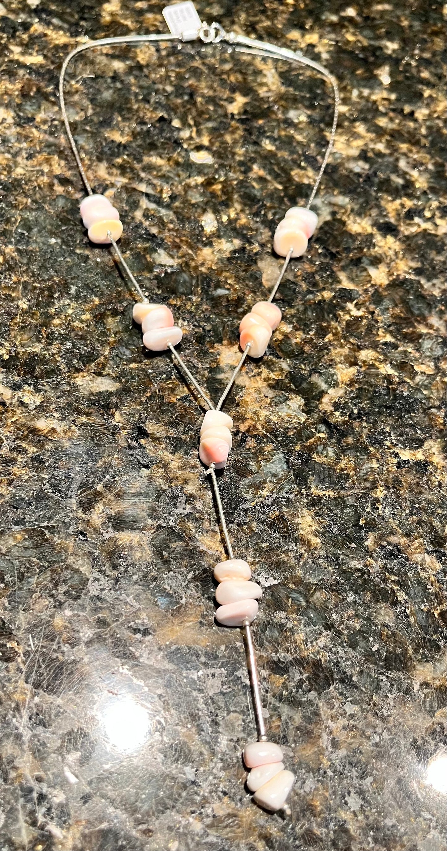 Navajo hand strung liquid silver & pink stone necklace - Y drop