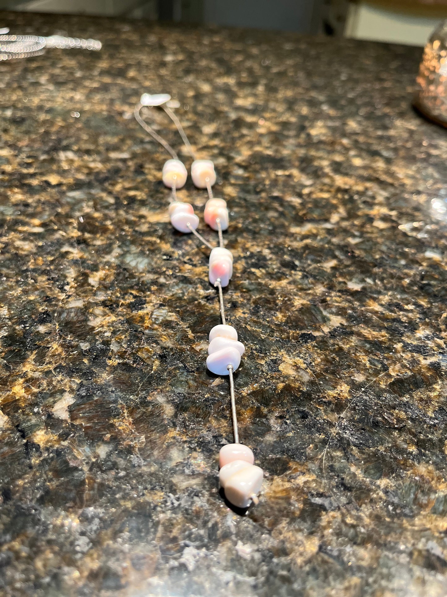 Navajo hand strung liquid silver & pink stone necklace - Y drop