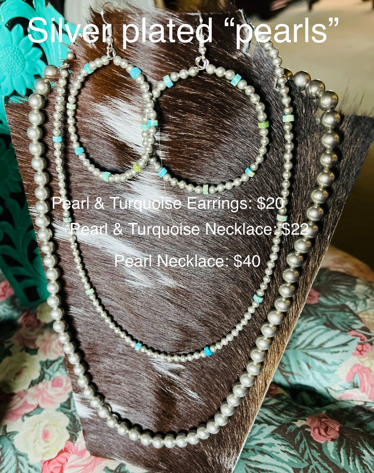Real turquoise and silver plated pearl necklace