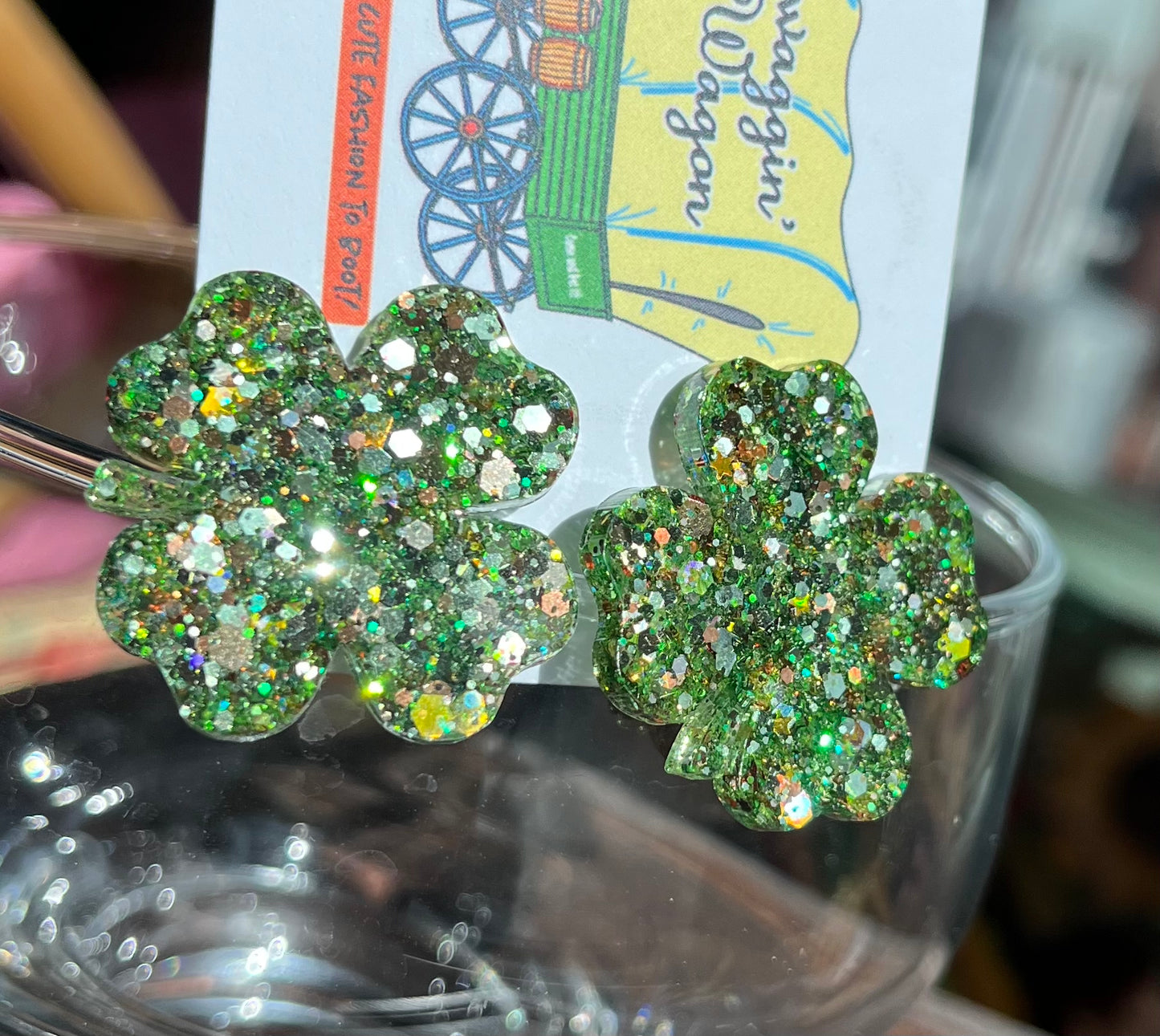 Shamrock glitter resin earrings