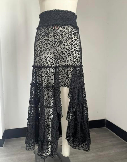 Mesh skirt with burnout velvet leopard pattern