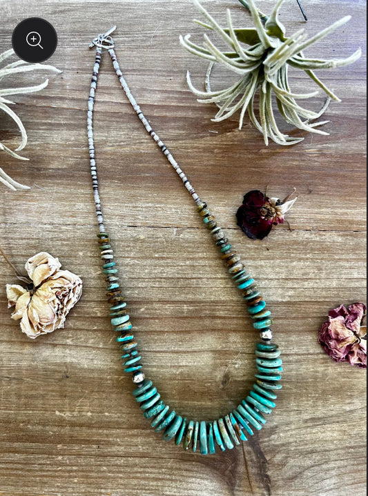 22 inch graduated blue turquoise necklace with Navajo pearl