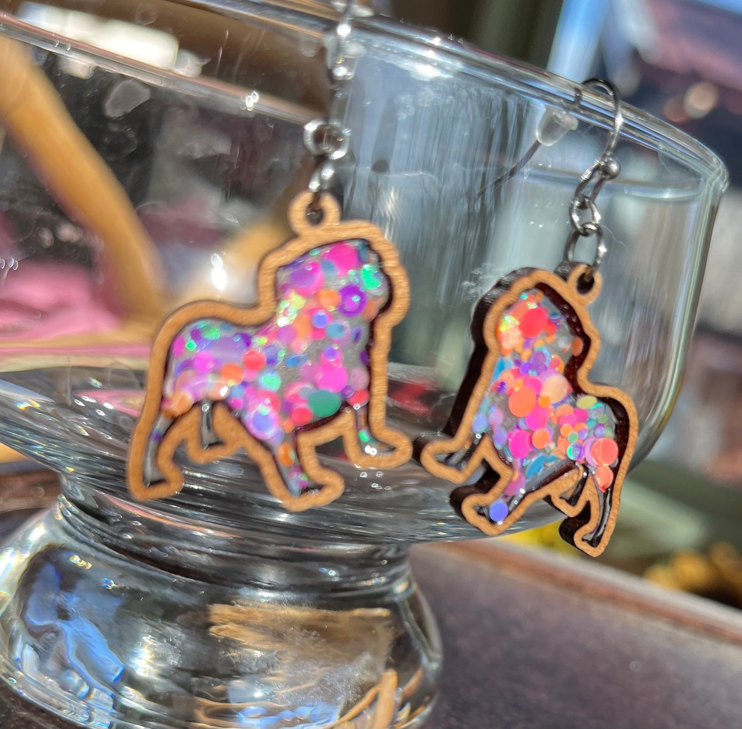 Wooden bulldogs with glitter resin earrings