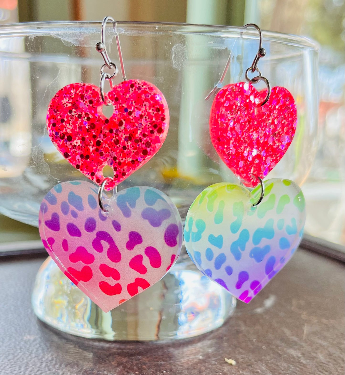 Pastel glitter and leopard ombre heart dangle resin earrings