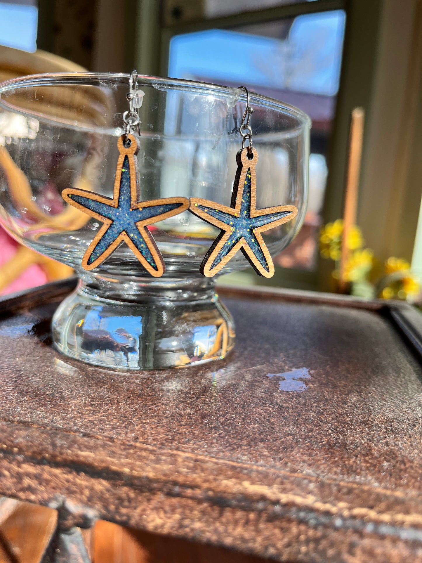 Wooden starfish with iridescent glitter resin earrings