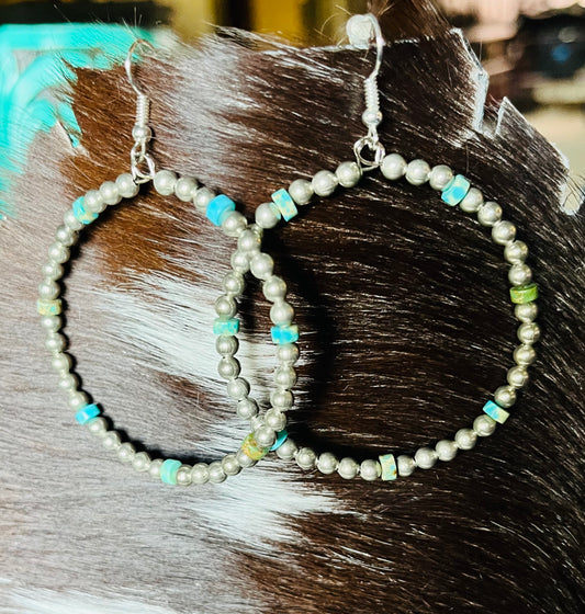 Real turquoise and silver plated pearl hoop earrings