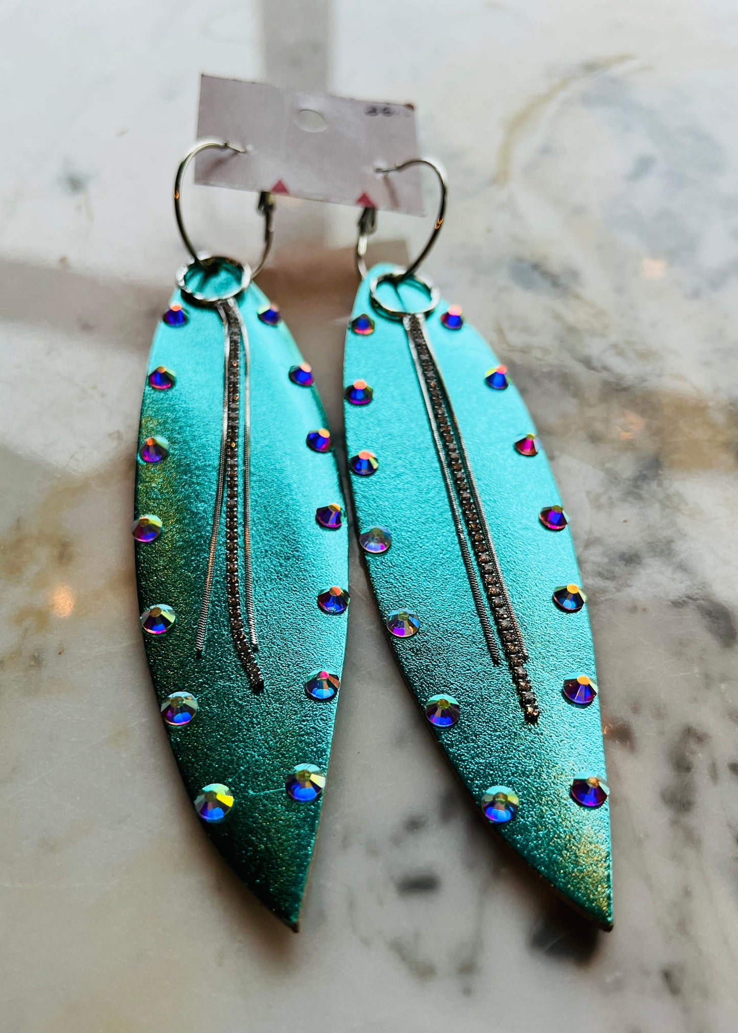 Leather & bling long dangle earrings
