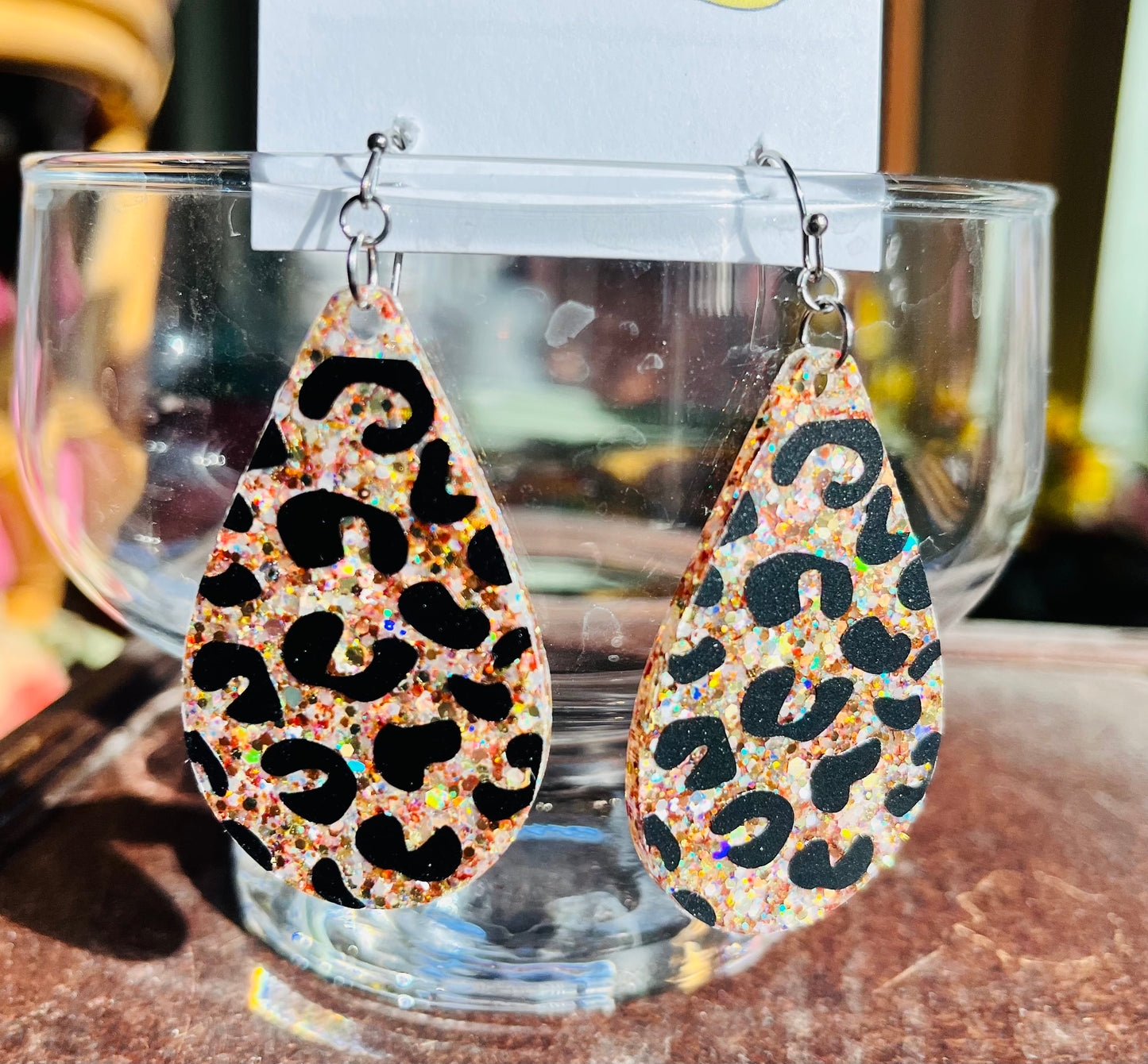 Teardrop gold glitter w/ leopard print earrings