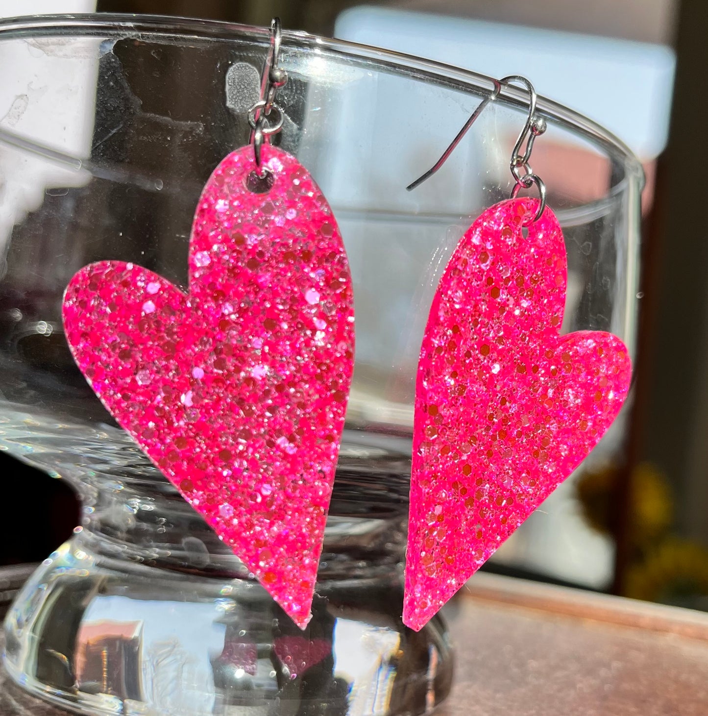 Slanted heart glitter resin earrings