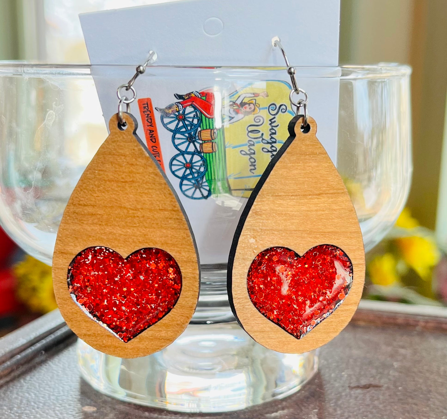 Wooden teardrops with red glitter resin earrings