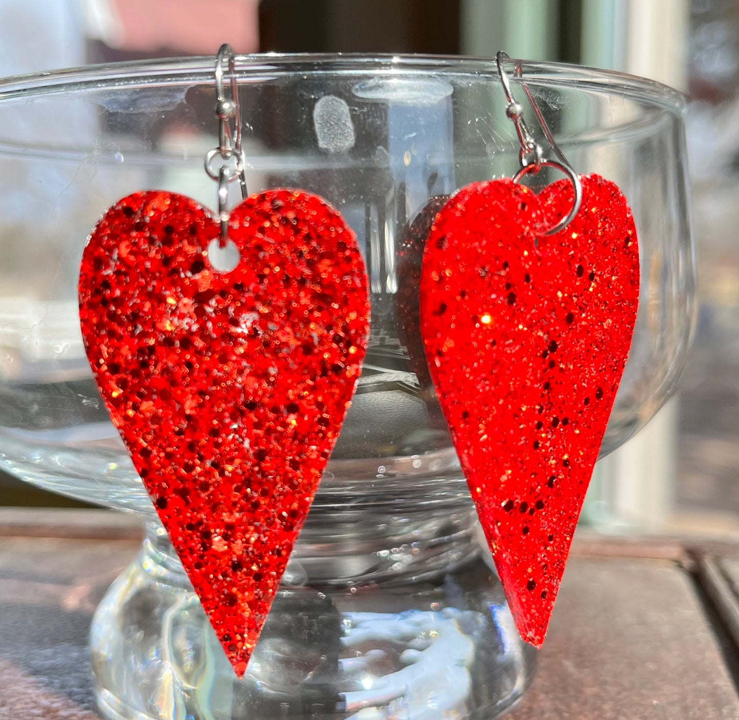 Red heart glitter resin earrings