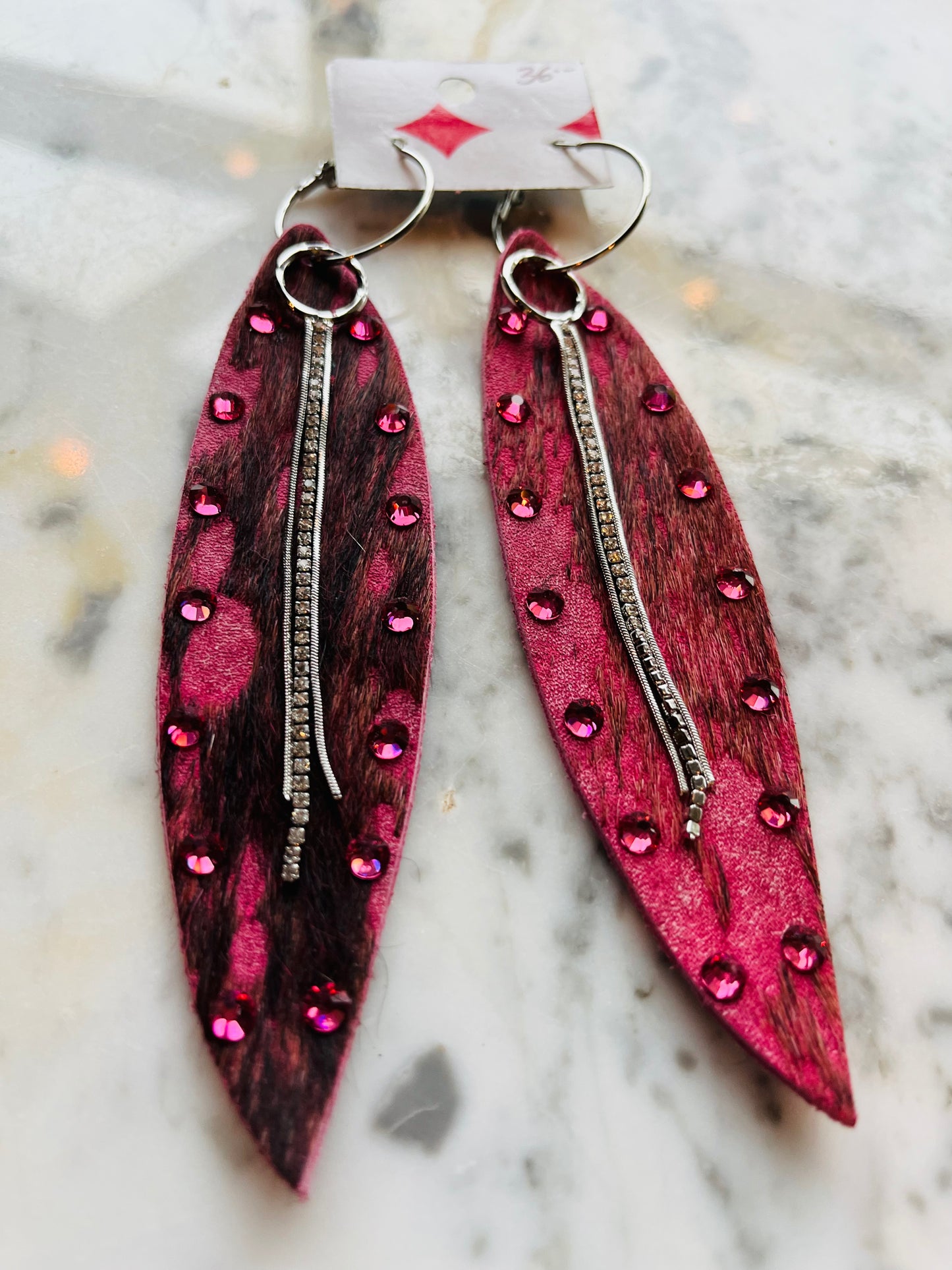 Leather & bling long dangle earrings