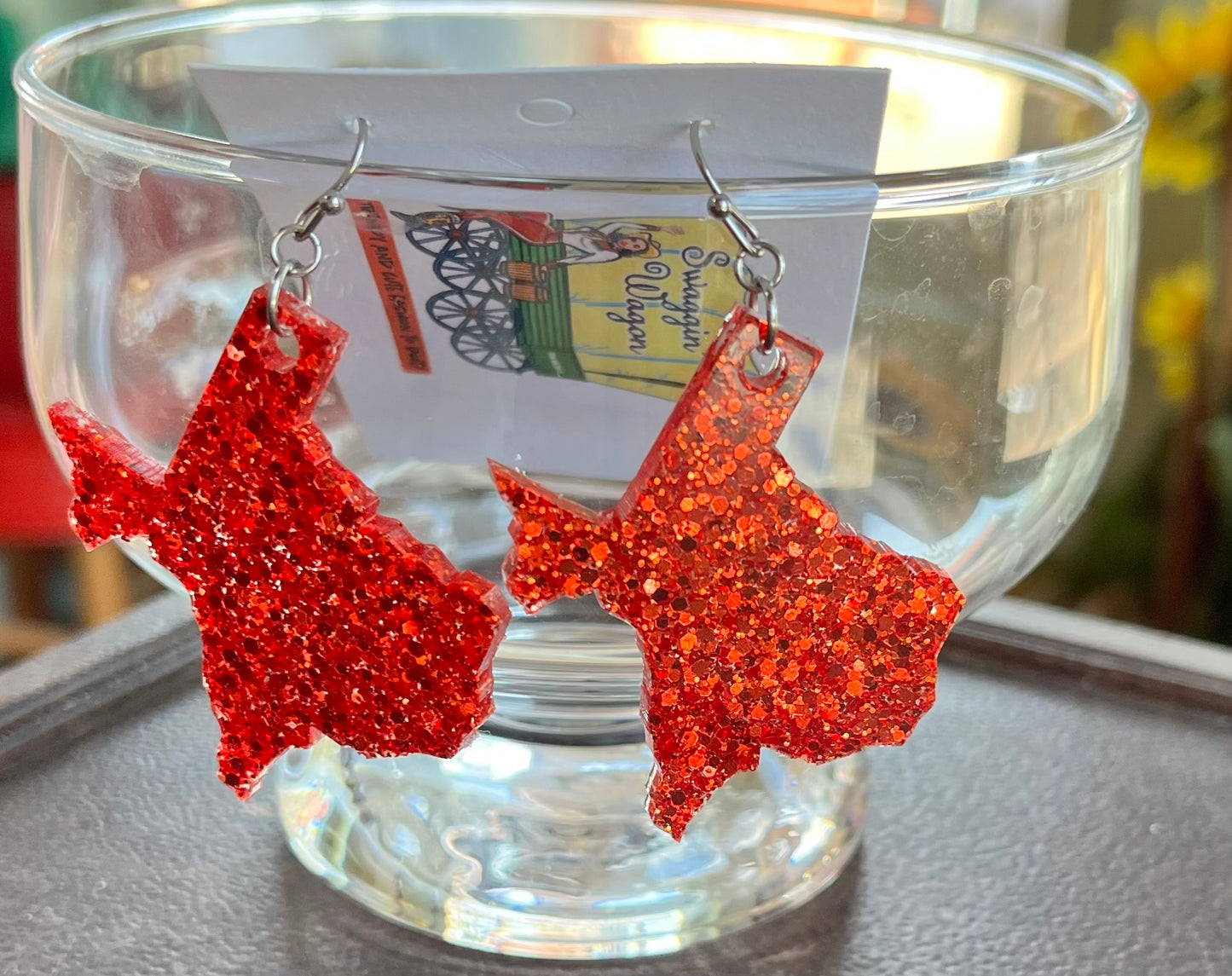 Texas Red glitter resin earrings