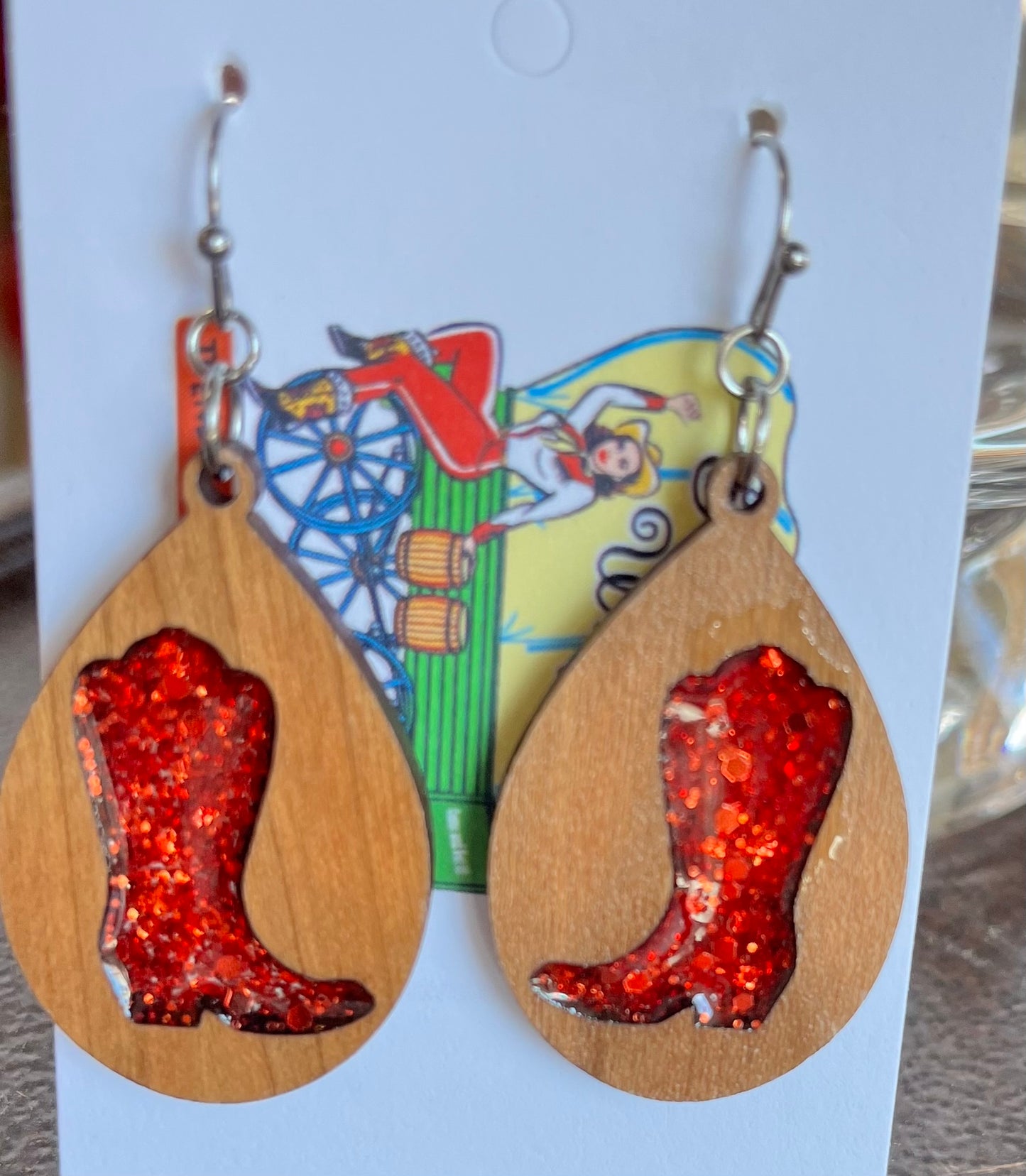 Wooden teardrops with red glitter boots resin earrings