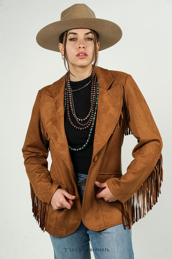 Camel Suede Fringe Lapel Blazer