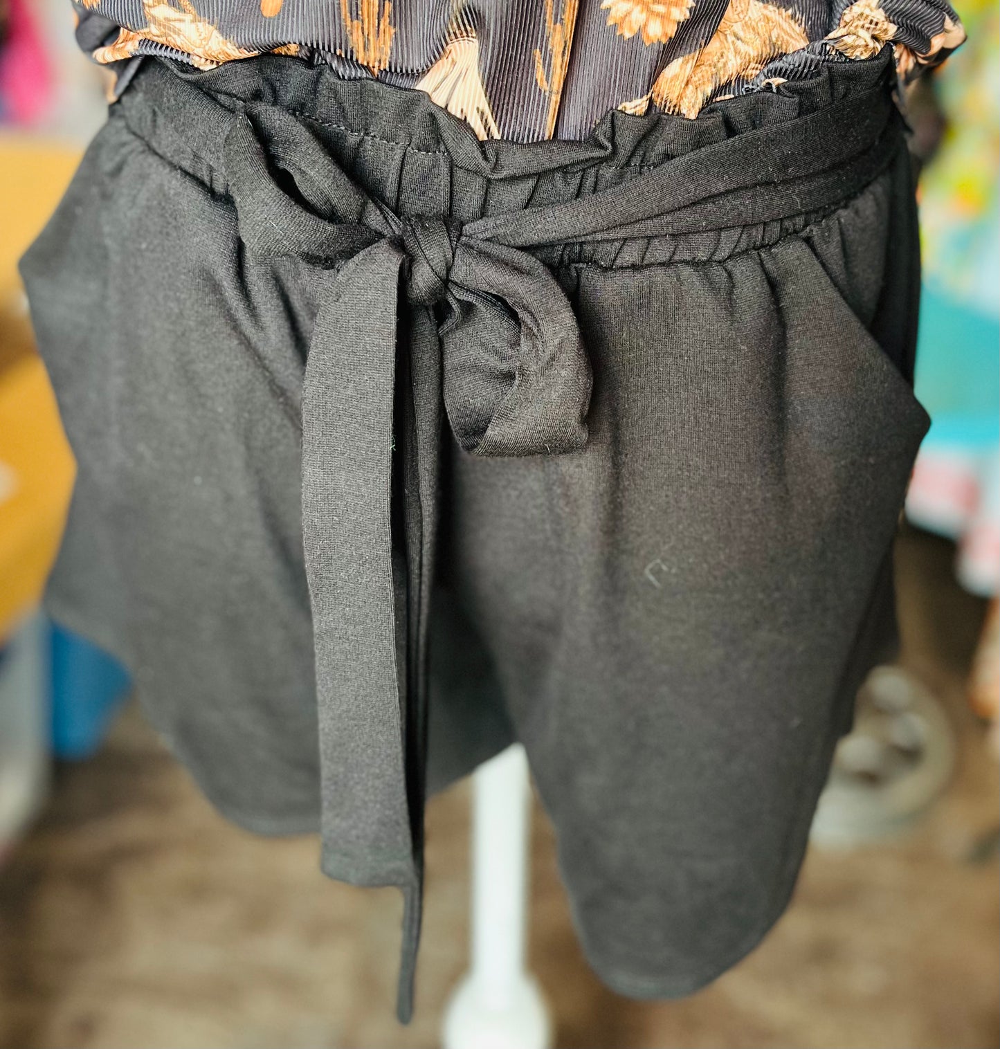 Brenna Black Tie-Waist Shorts