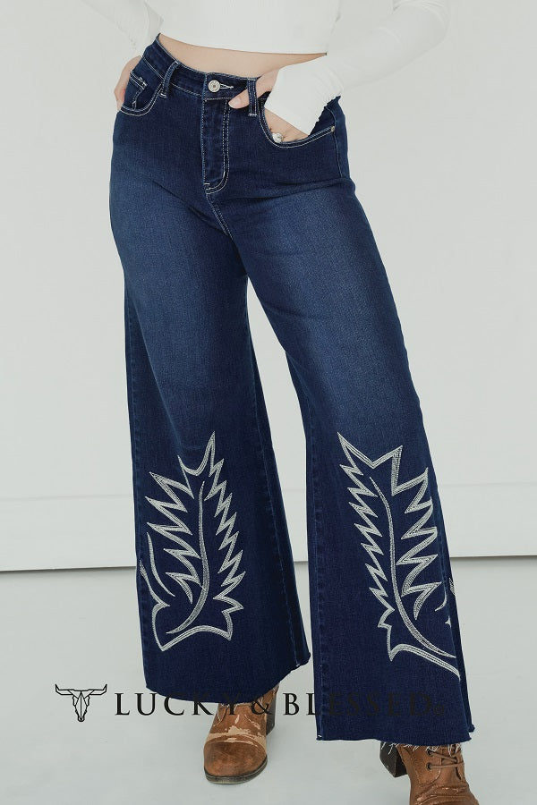 Tea Stained Wide leg cropped jean with embroidery and tummy control