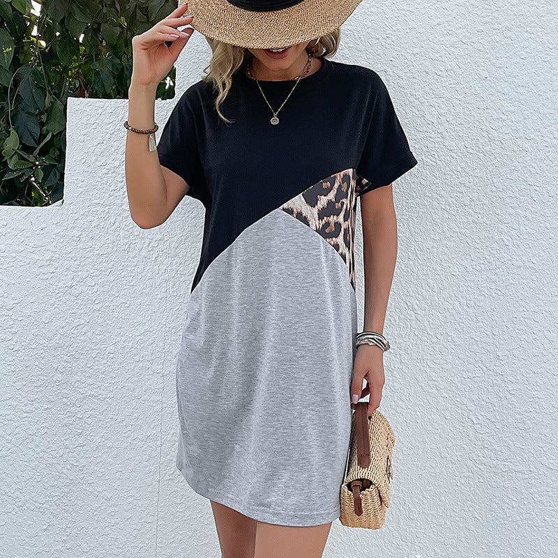 Loose Patchwork with Leopard T-Shirt Dress Short Sleeve