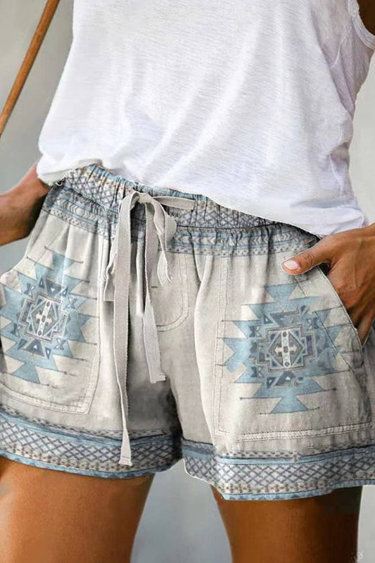 Western Aztec Print Drawstring Shorts with Pockets
