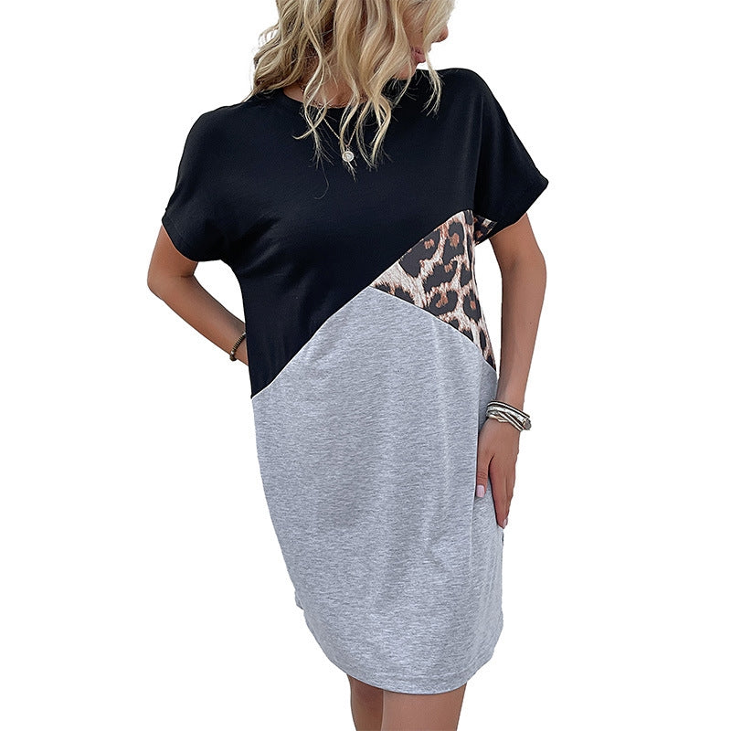 Loose Patchwork with Leopard T-Shirt Dress Short Sleeve