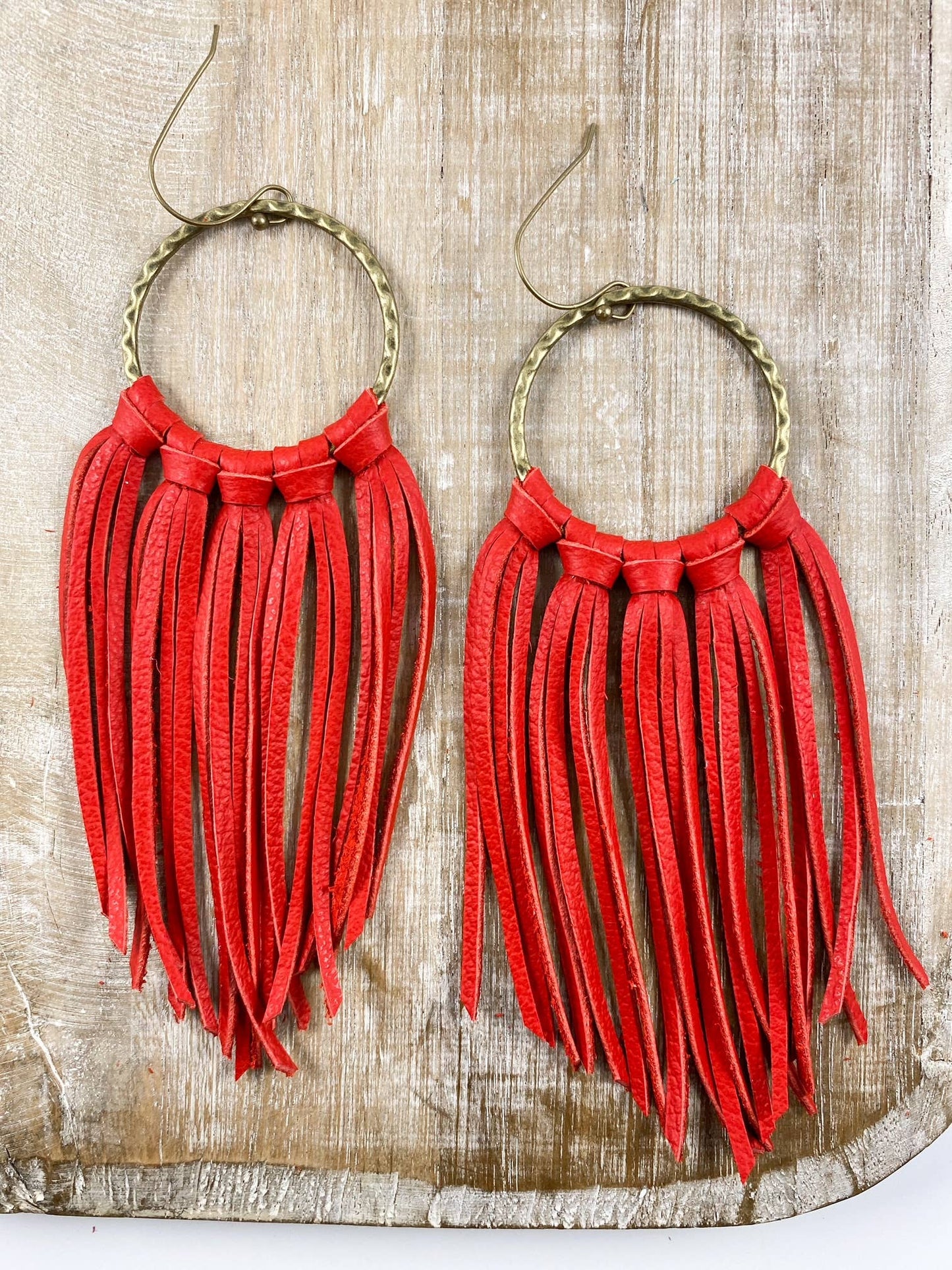 Anabelle+Oak - Red Hoop Fringe | Southwest large leather earrings Arkansas
