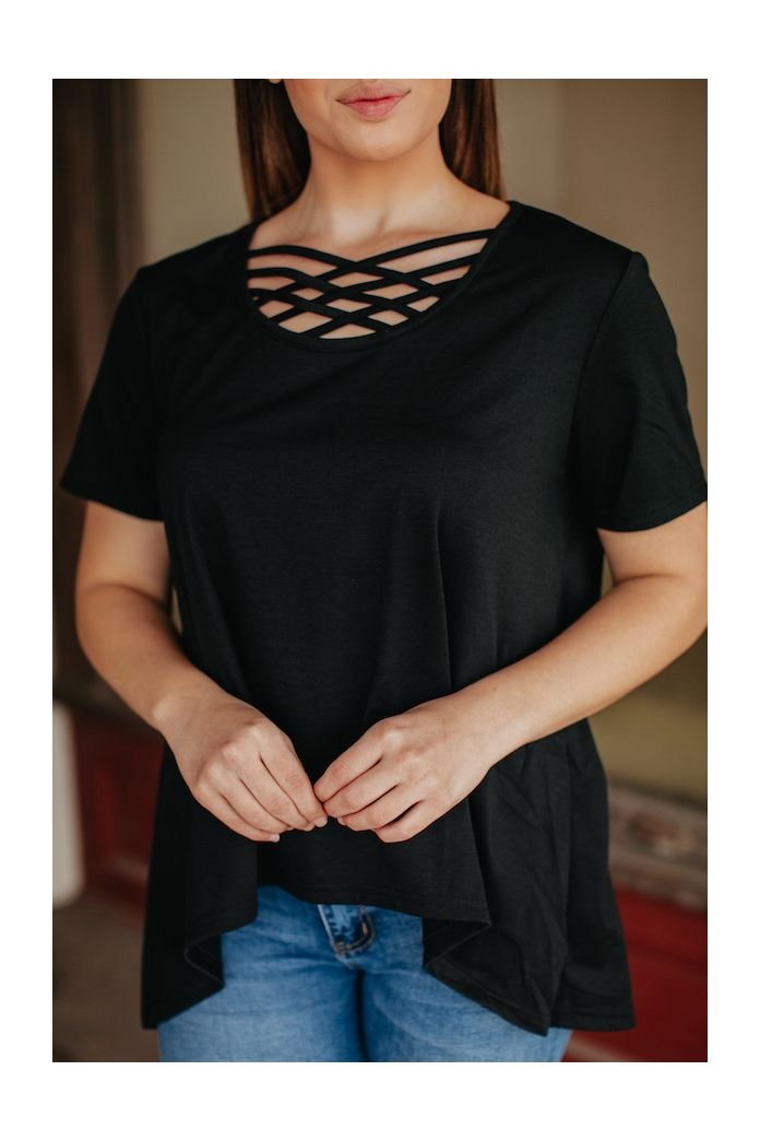 ESSENTIAL BLACK RELAXED FIT CAGED NECK TOP