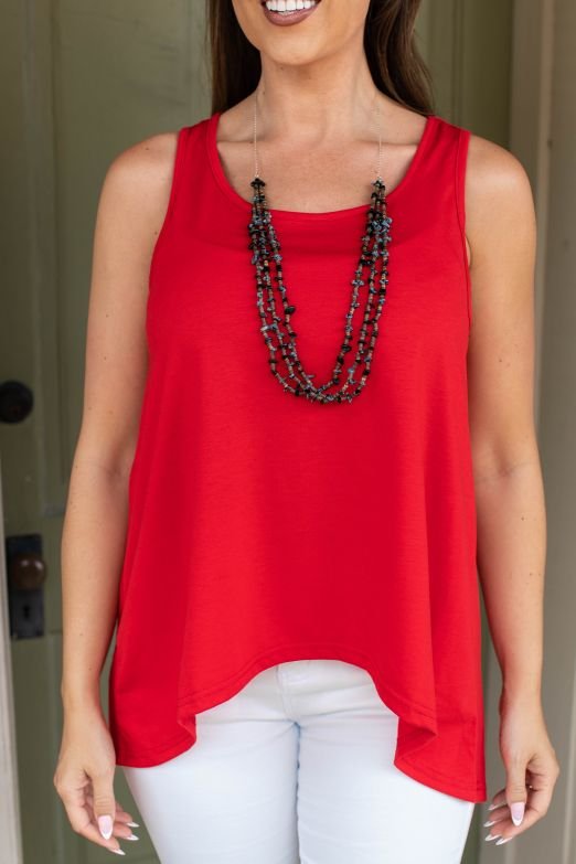ESSENTIAL RED SLEEVELESS HI-LOW HEM RELAXED FIT TANK TOP