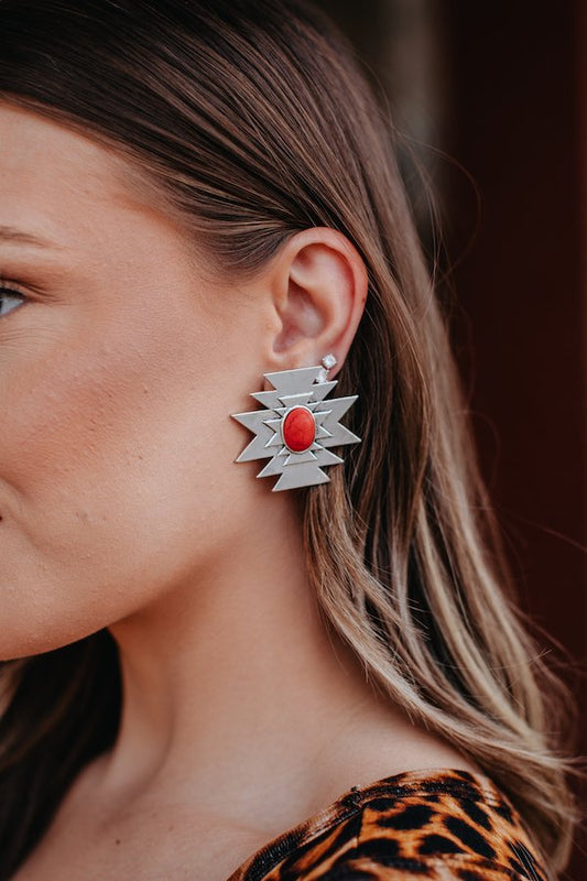 Red Stone Vintage Silver Aztec Stud Earrings