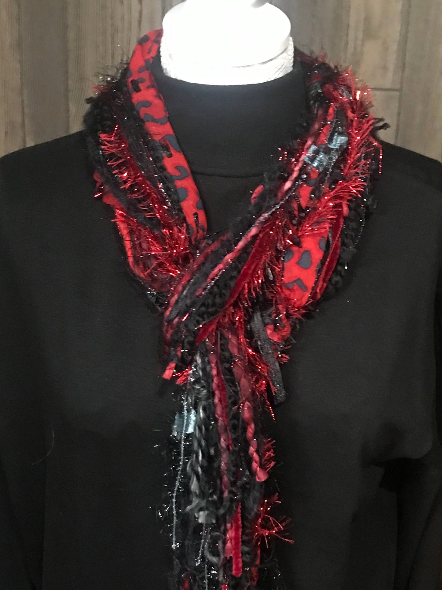 Scarves of Westwood - Red & Black scarf with beads & ribbons