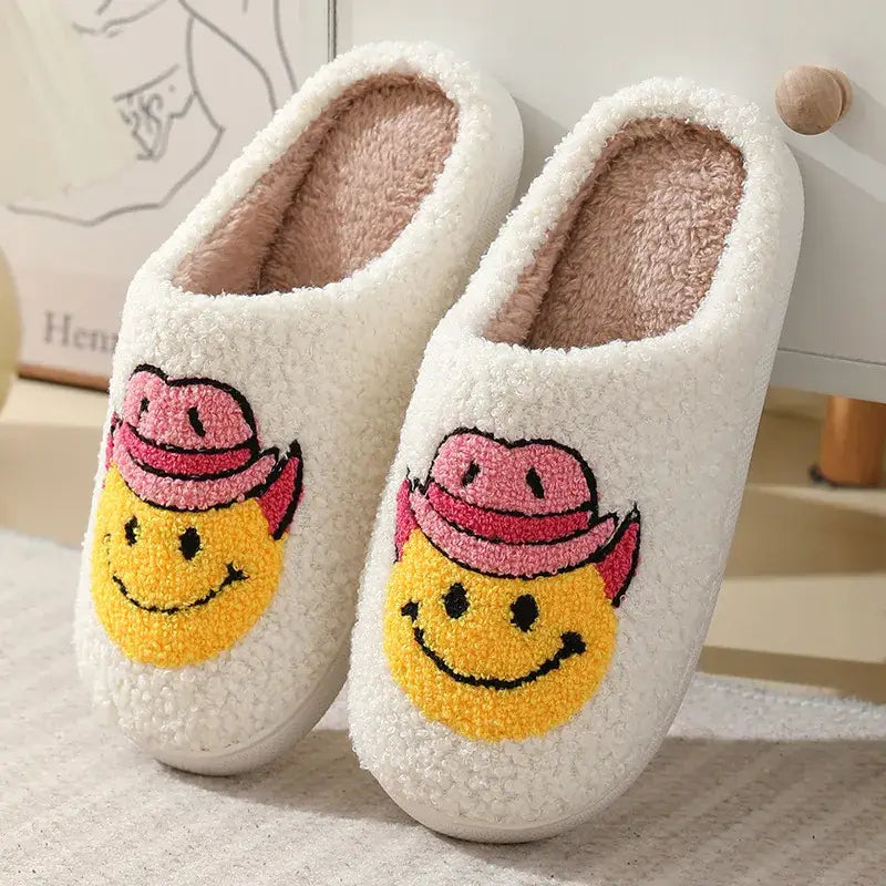 Sweet Cherry Sky - Smiley Face Cowboy Country Western Slippers, House Shoes: Size 8-9