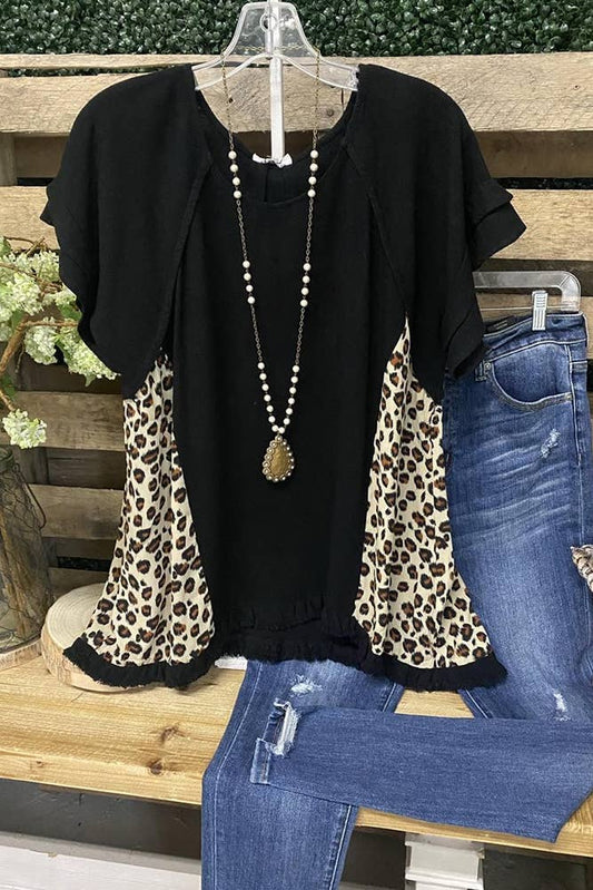 O-neck Short Sleeve Leopard Stitching Top