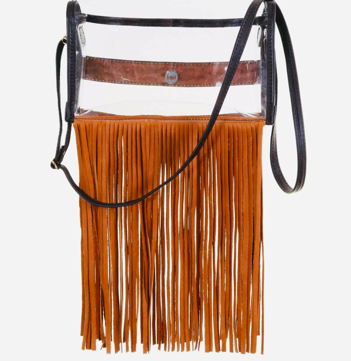Clear stadium purse with vintage tooled feather strip
