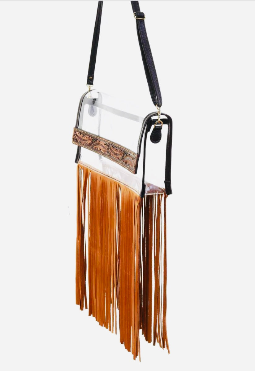 Clear stadium purse with vintage tooled feather strip