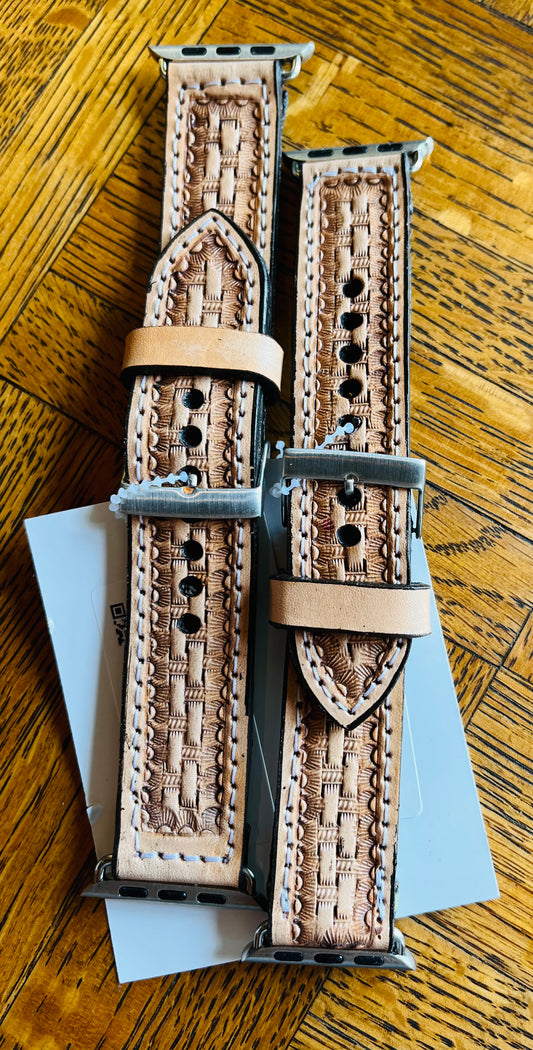 Basket weave genuine leather tooling Apple Watch band