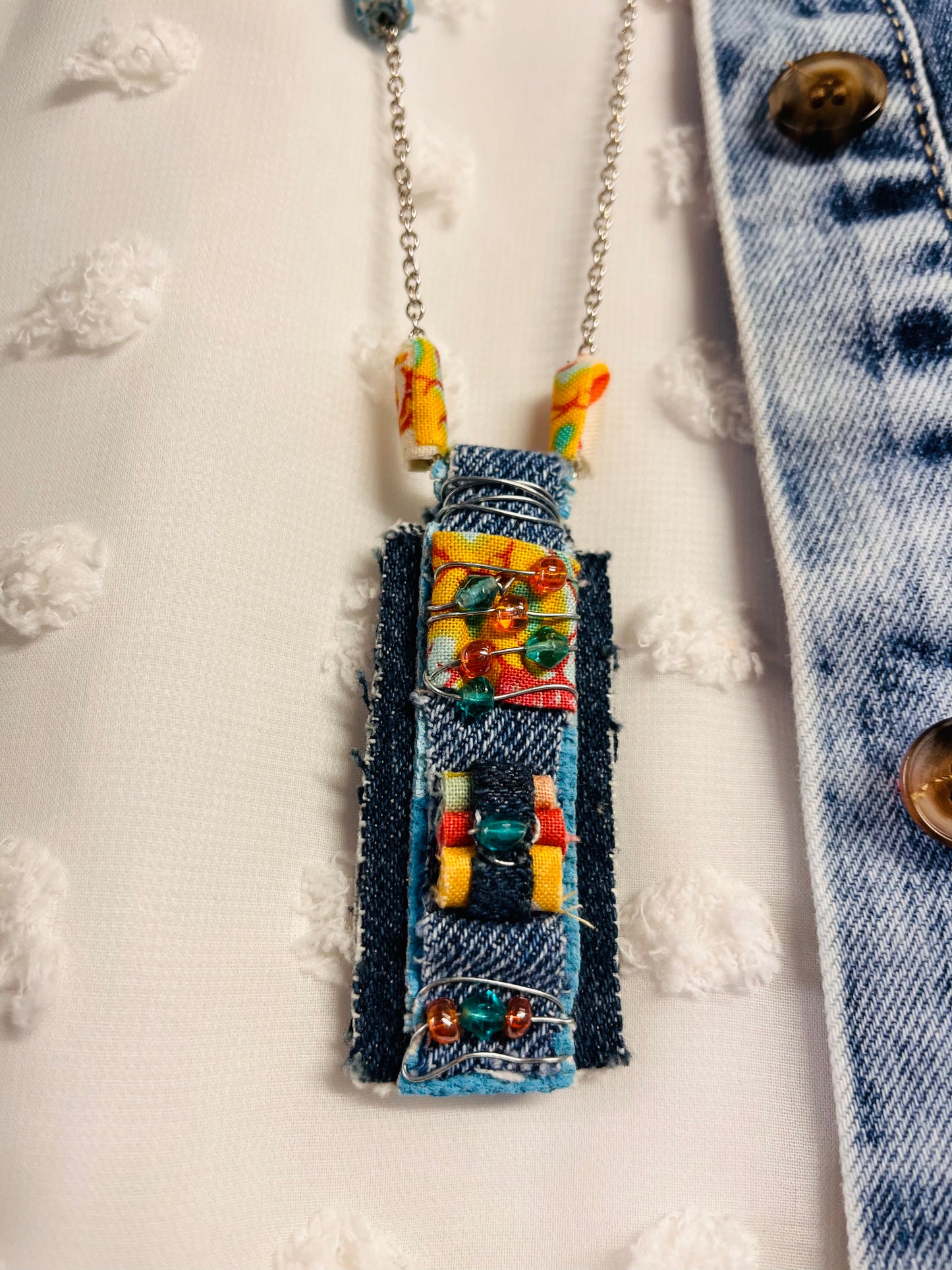 Denim w/ multi-color beads necklace & earrings - Cutler Designs