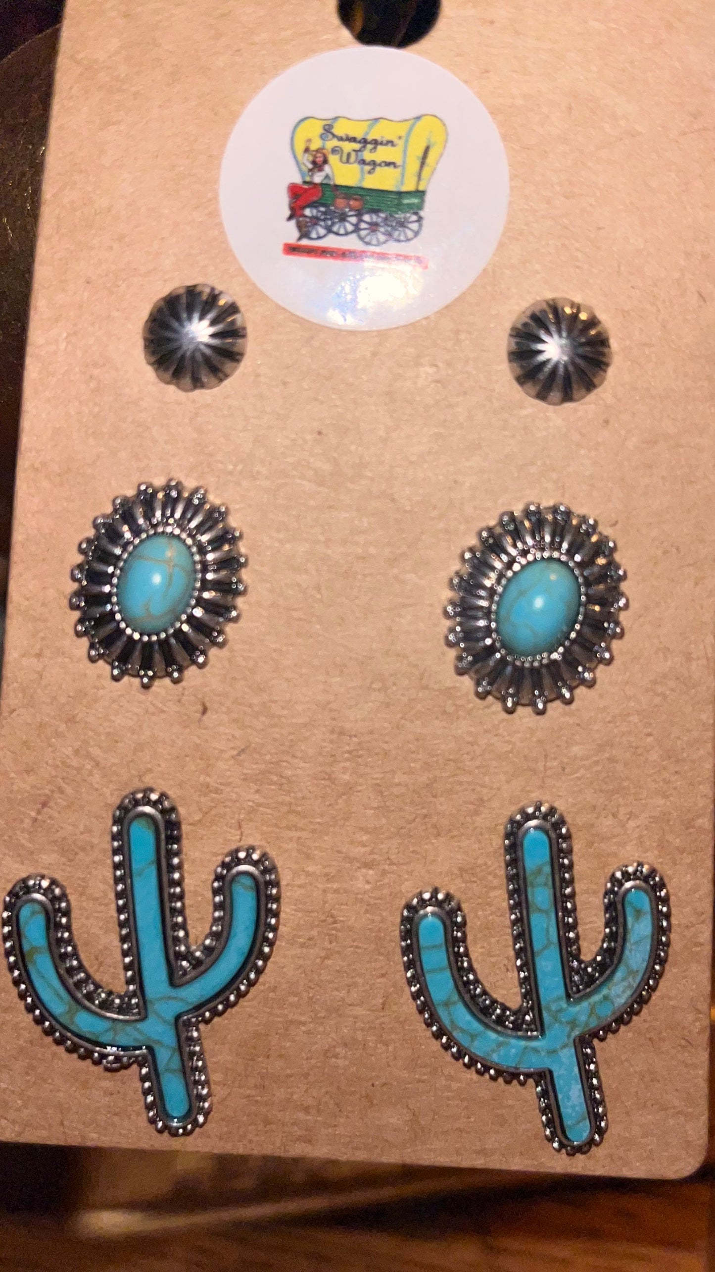 Silver tone 3 pair set. Silver stud/“Turquoise “ oval stud”/“Turquoise” Arizona cactus