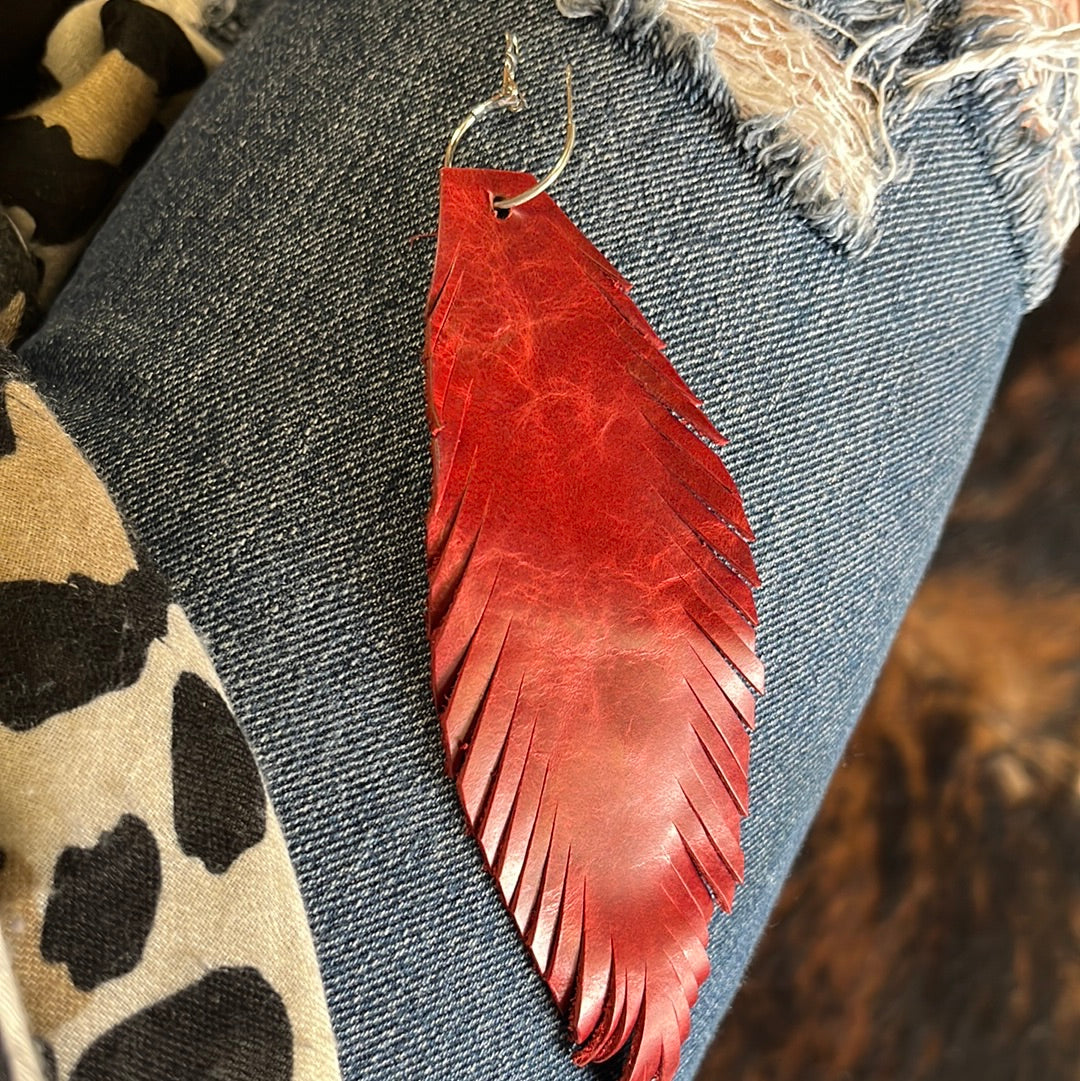 Genuine leather "feather" earrings - red