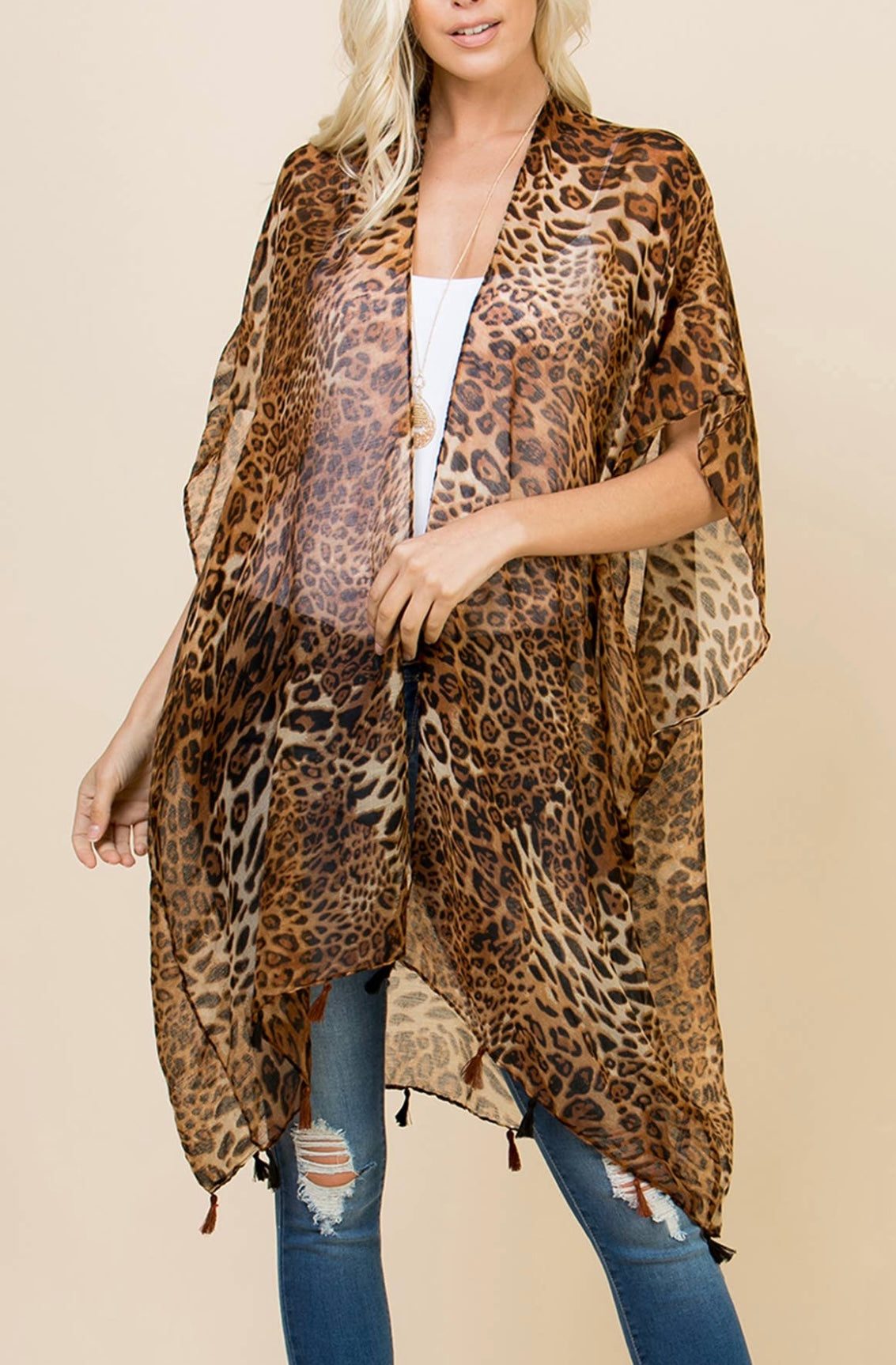 Open front leopard tassel kimono