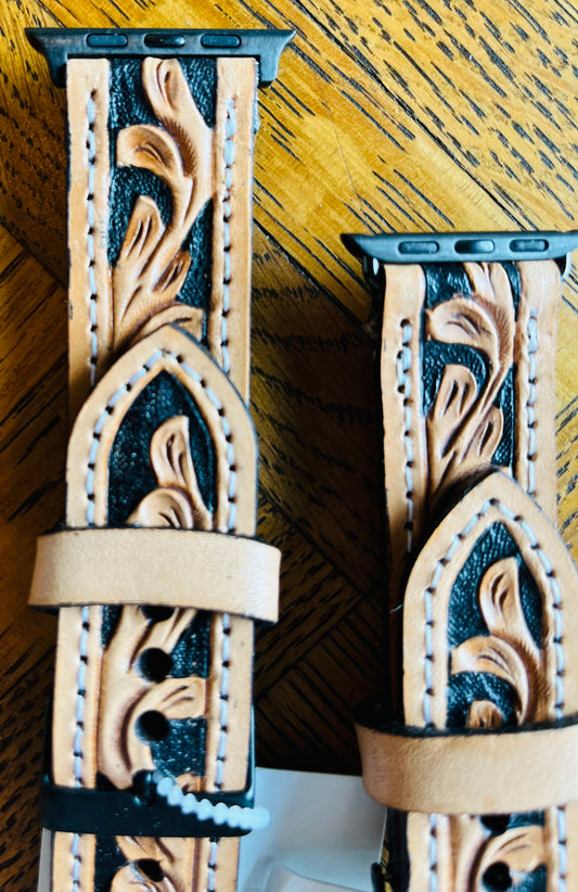 Hand, floral tooled leather Apple Watch band