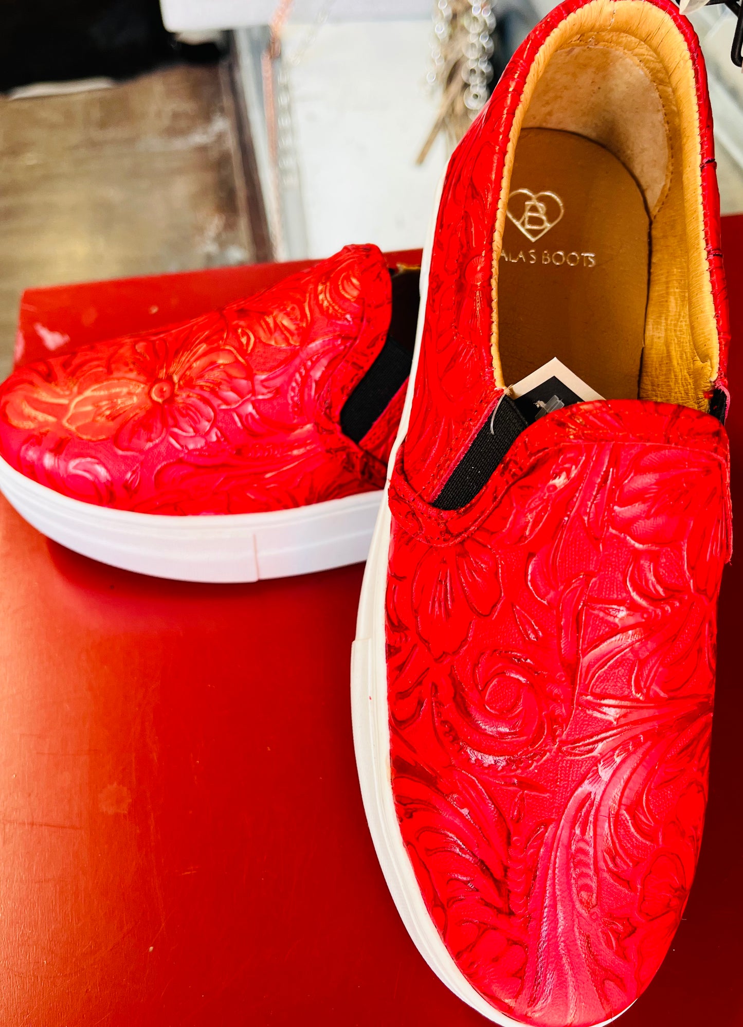 Red tooled Leather slip-on shoes