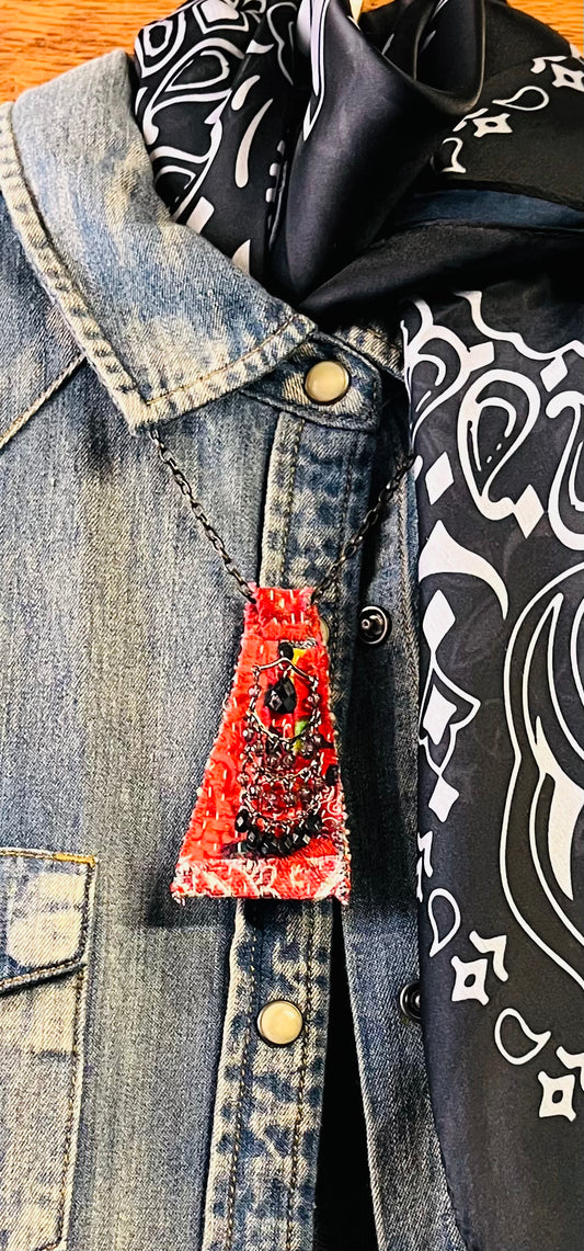 Red Fabric on denim necklace - Cutler Designs